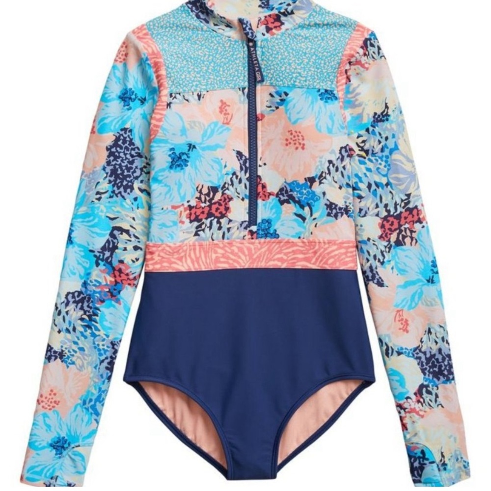 Athleta Girl Swim Long Sleeve Bora Bora One Piece Swimsuit Rashguard.
